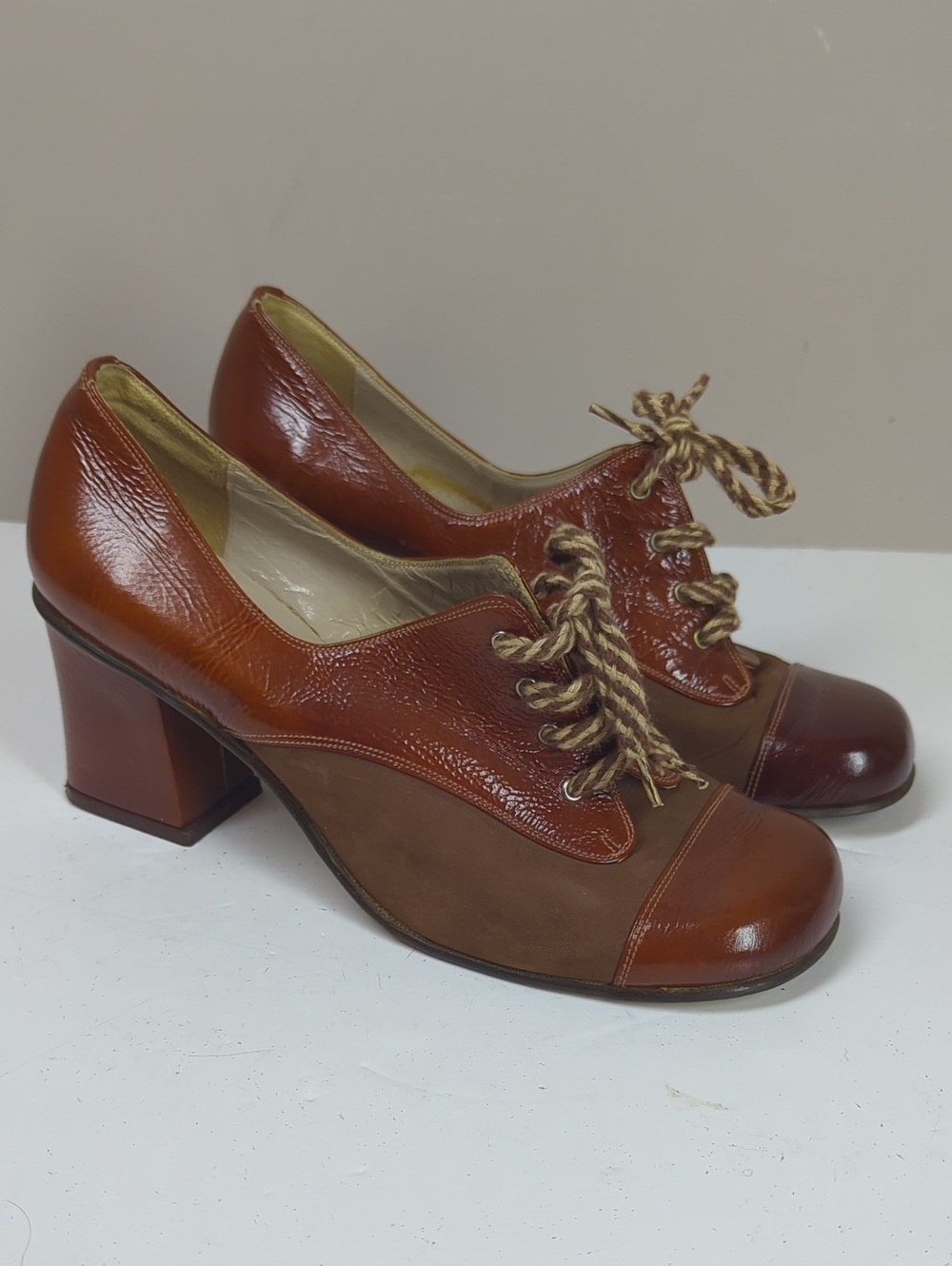 Women’s Two-Tone Brown Leather Block Heel Oxfords 7 Italy